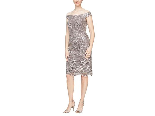 Alex Evenings Short Embroidered Off-the-Shoulder Dress (Rich Taupe) Women's Dress Product Image