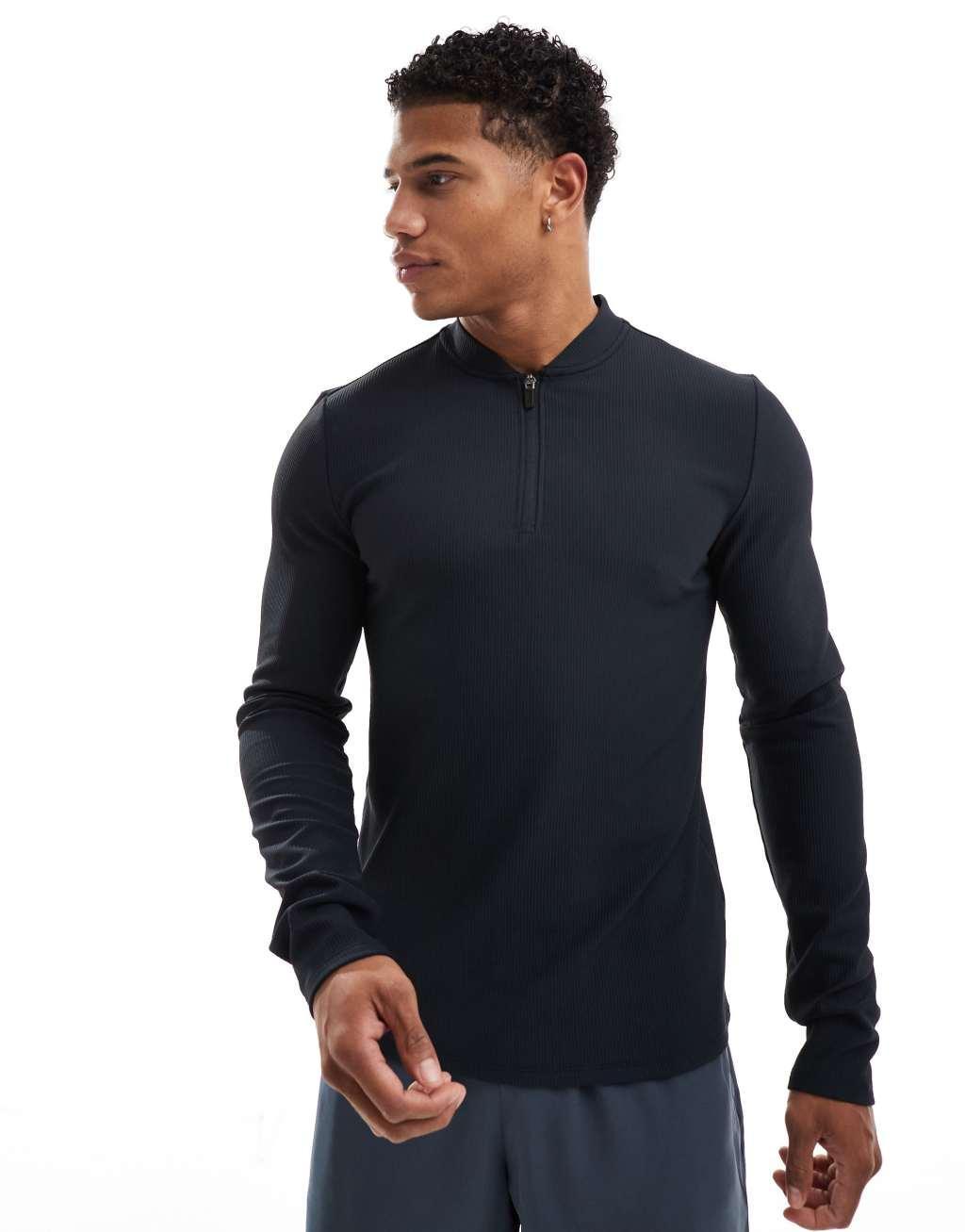 ASOS 4505 Training 1/4 zip performance rib long sleeve top in black Product Image