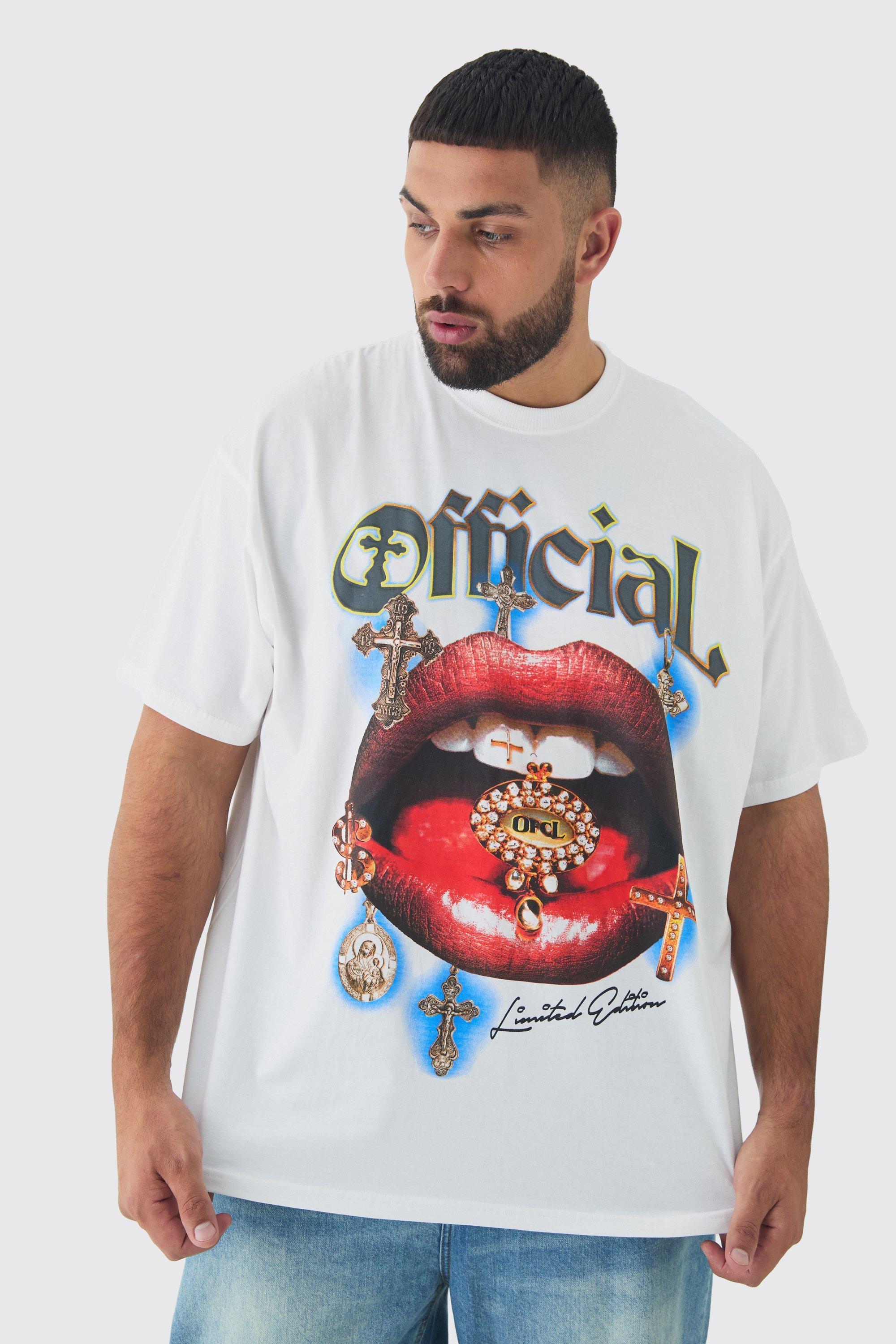 Mens Plus Official Lips Print Oversized T-shirt in White, White Product Image