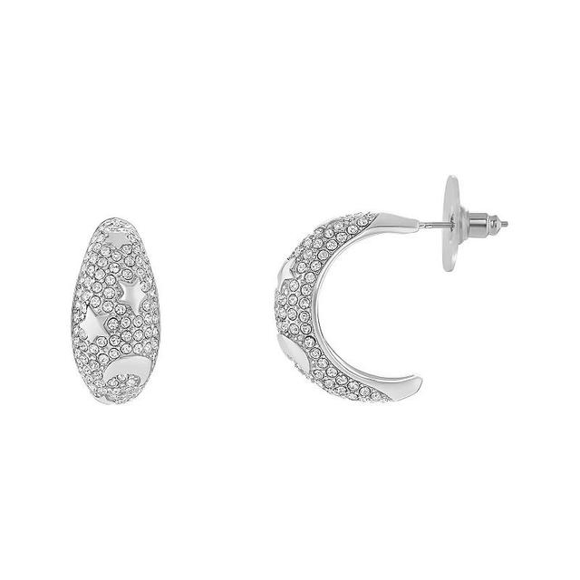 Emberly Silver Tone Polished Star, Moon & Pave Glass Stones C-Hoop Earrings, Womens, White Product Image