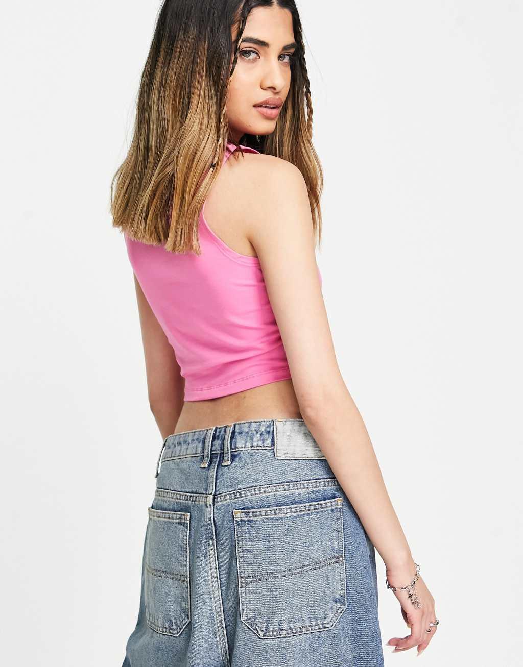 Noisy May twist front cropped top in pink Product Image