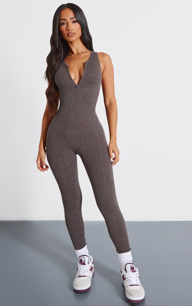 Petite Chocolate Faded Contour Rib Sleeveless Zip Detail Jumpsuit Product Image