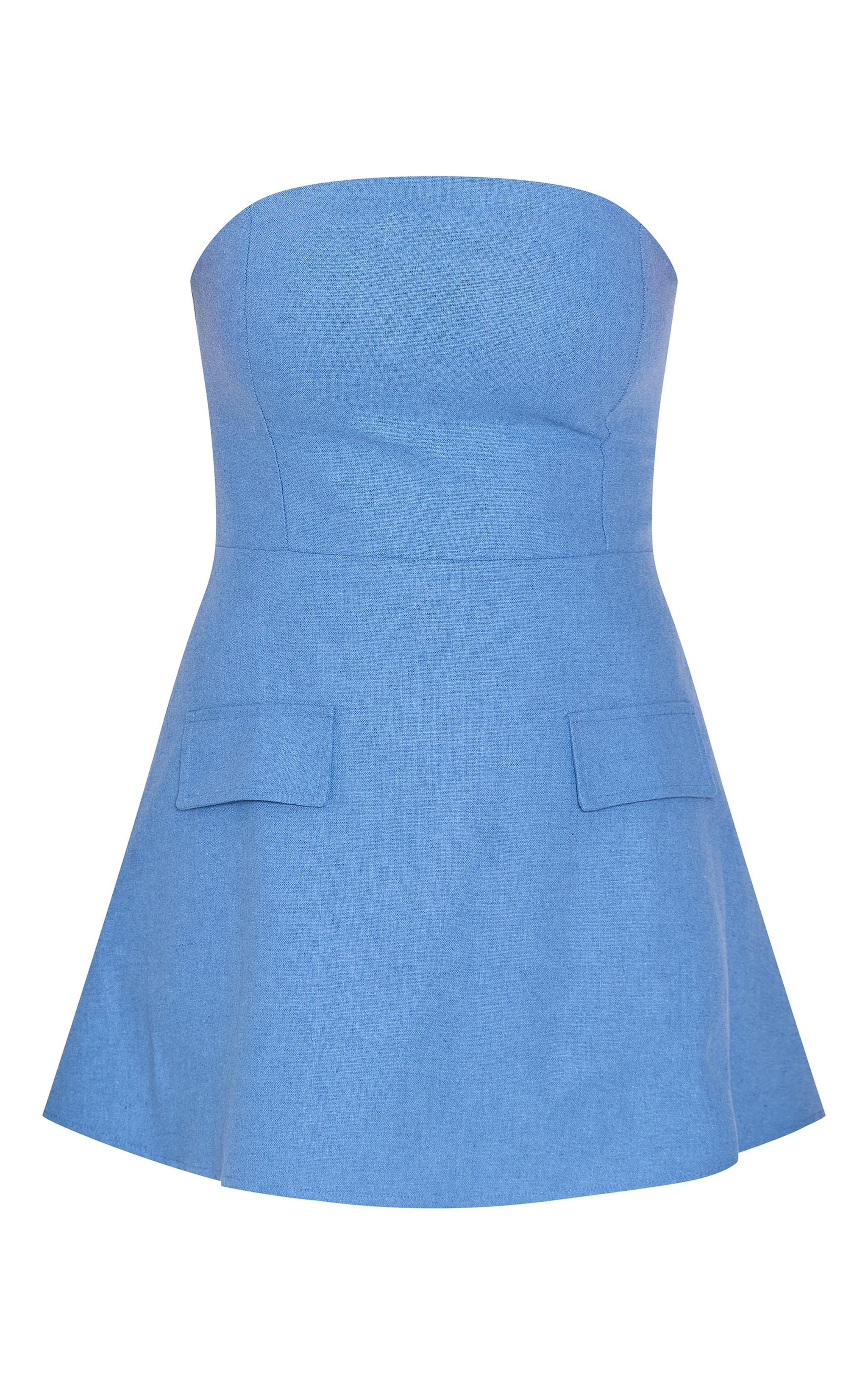 Blue Bandeau Linen Look Shift Dress Product Image