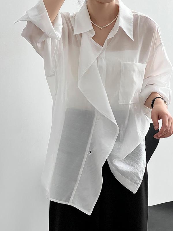 Irregular Clipping Long Sleeves Solid Color Lapel Blouses&Shirts Tops Product Image