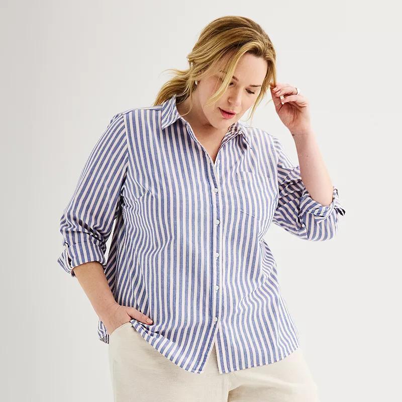 Plus Size Croft & Barrow Essential One Pocket Button Down Shirt, Womens Blue Pink Stripe product image