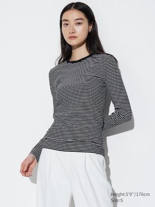 Womens Soft Ribbed Striped Crew Neck Long Sleeve T-Shirt Black XS UNIQLO US Product Image