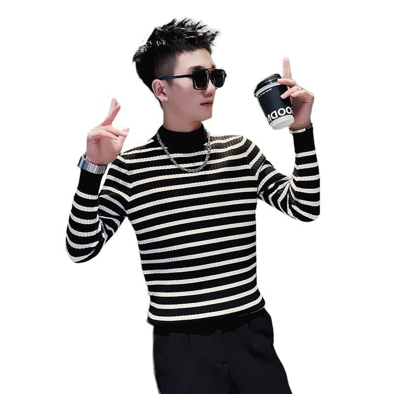 Mock Neck Striped Ribbed Sweater Product Image