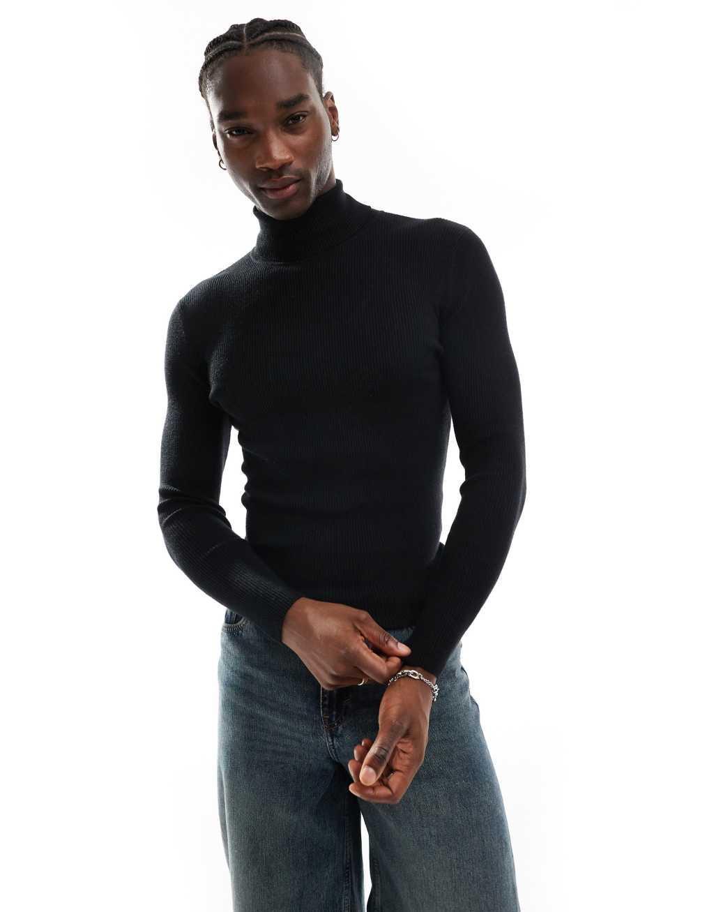 COLLUSION soft knitted roll neck in black Product Image