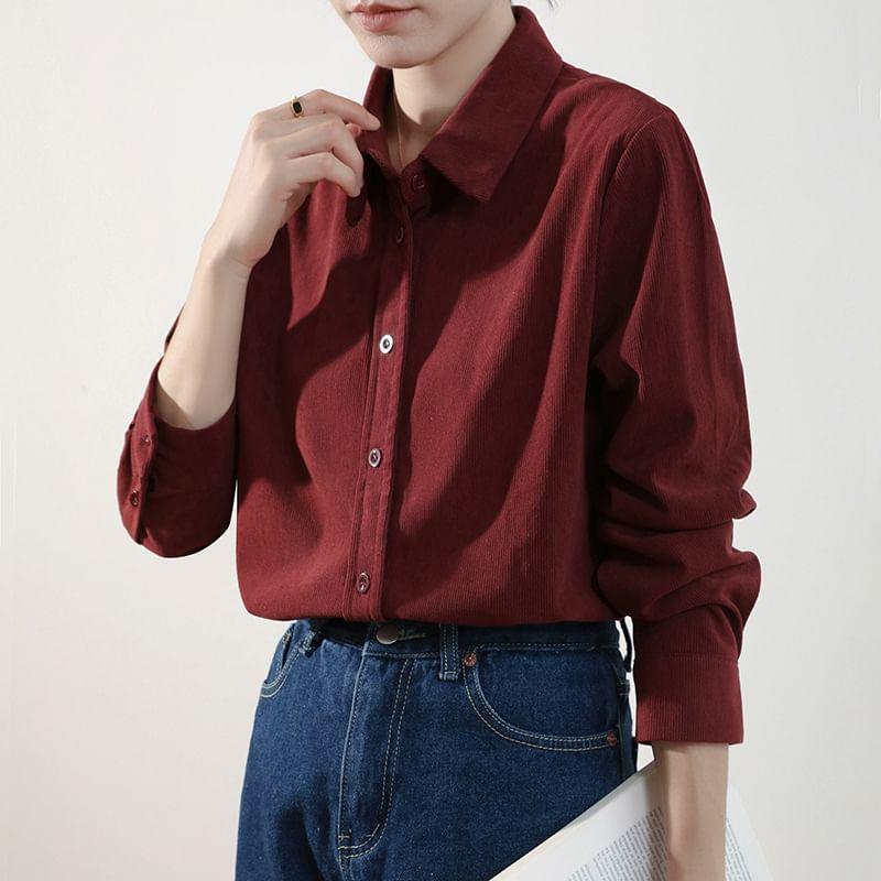 Long-Sleeve Corduroy Plain Shirt Product Image