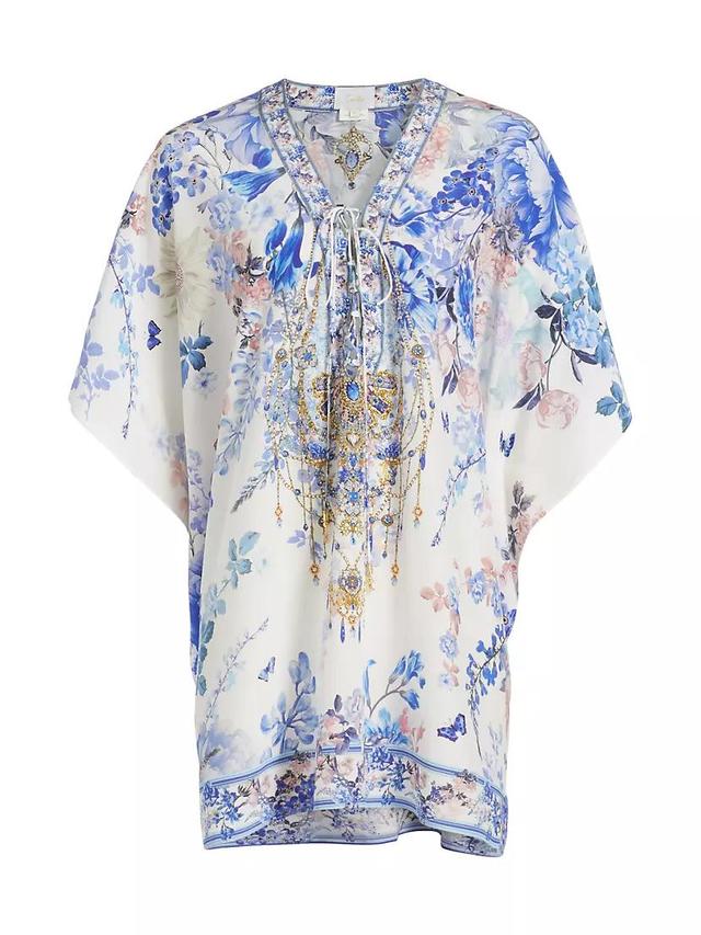 Embellished Floral Silk Lace-Up Caftan Product Image