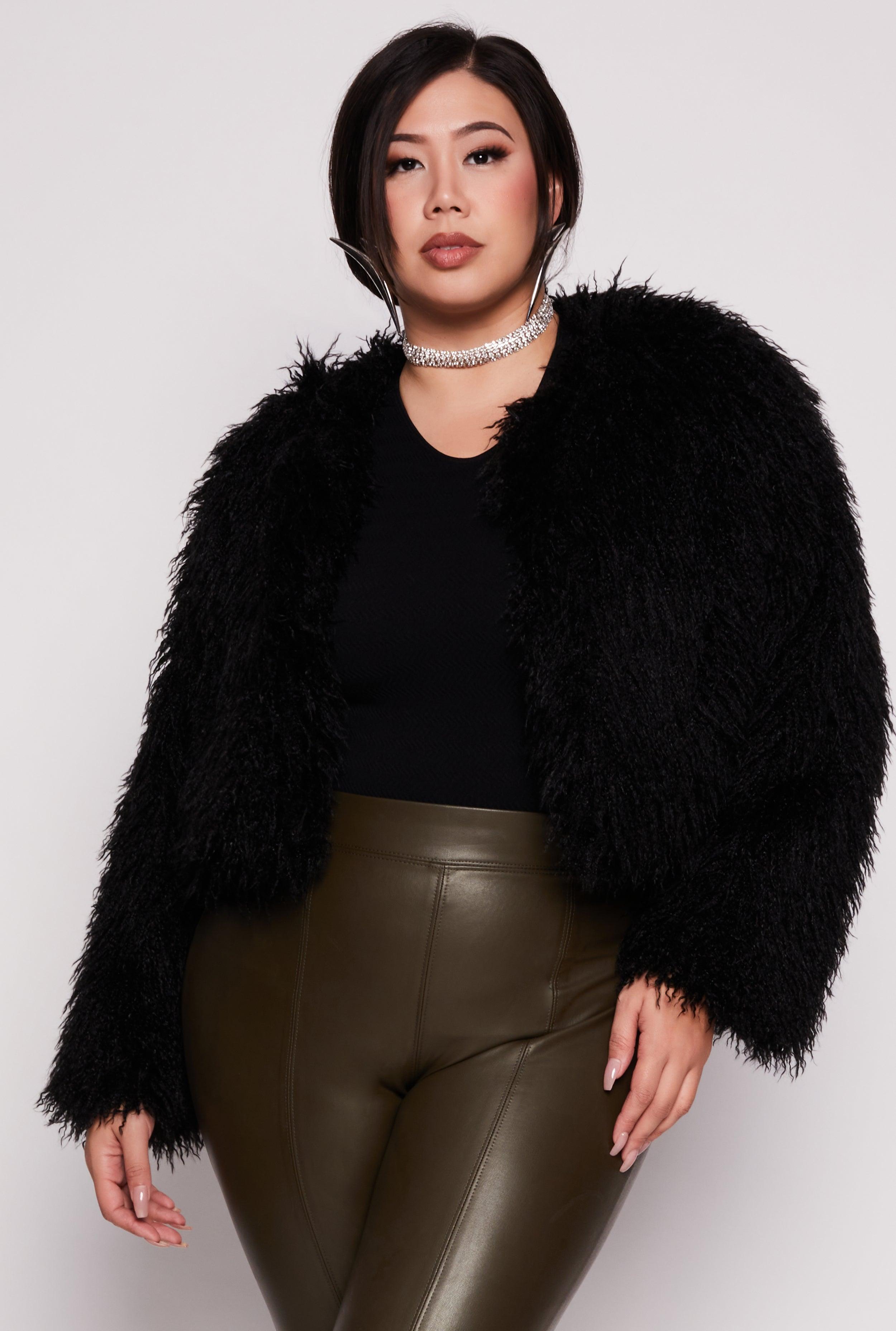 Womens Plus Size Shaggy Faux Fur Cropped Jacket product image