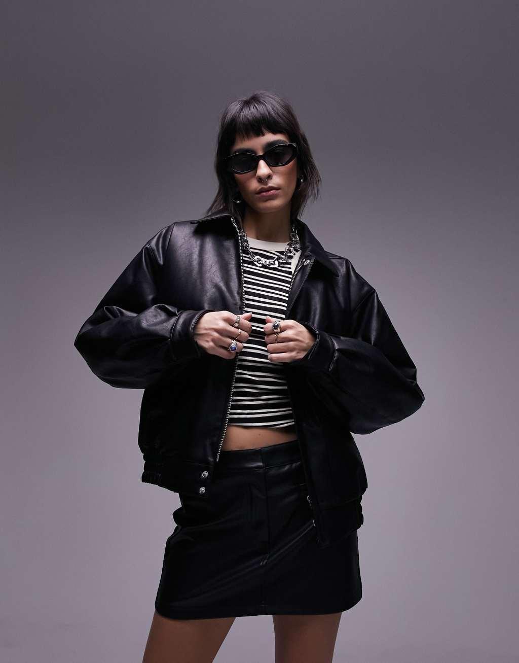 Topshop faux leather bomber jacket in black Product Image