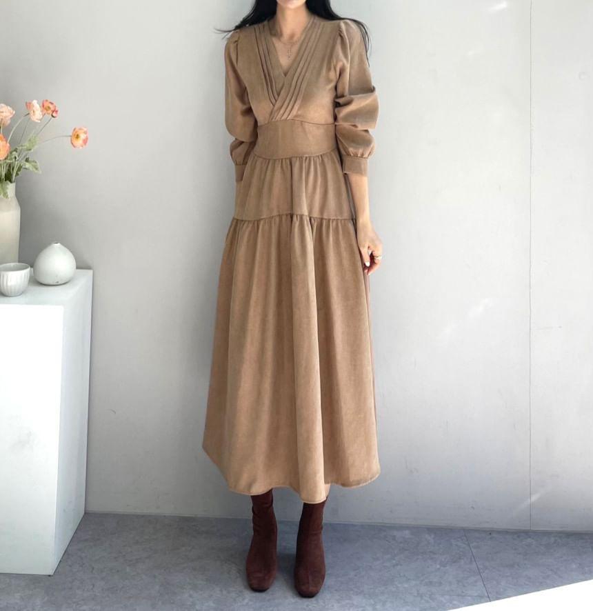 Long Sleeve V-Neck Plain Pintuck Panel Midi A-Line Dress Product Image