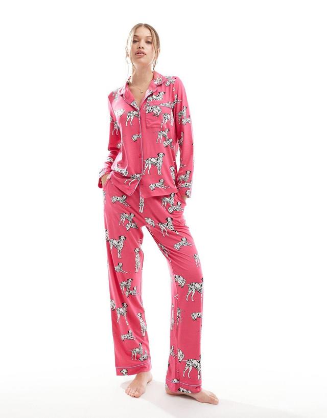 Chelsea Peers Exclusive jersey dalmatian print button top and pants pajama set in hot pink Product Image