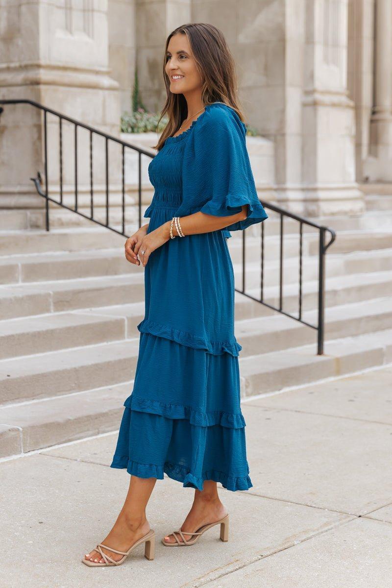 Blue Off The Shoulder Tiered Midi Dress - FINAL SALE Product Image