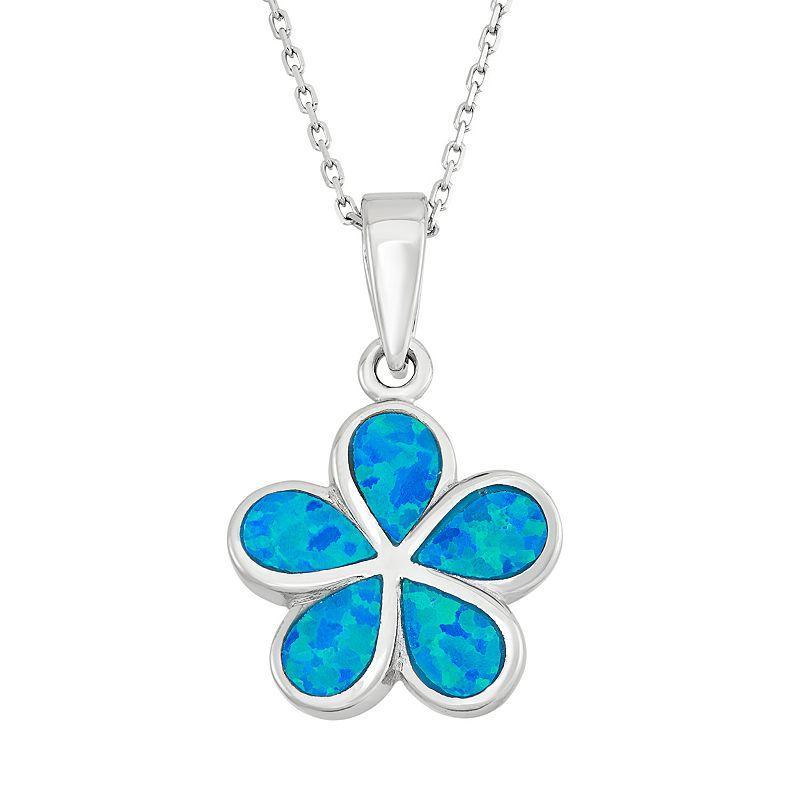 Lab-Created Blue Opal Sterling Silver Flower Pendant Necklace, Womens Product Image