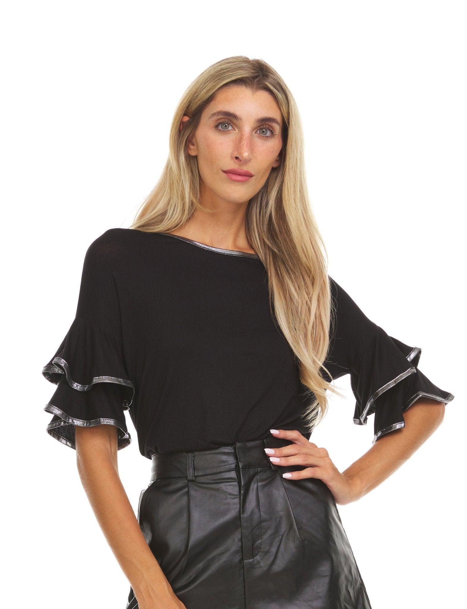 Womens Multi Ruffle Sleeve Top With Contrast Color Trim On Ruffles & Neckline Female Product Image