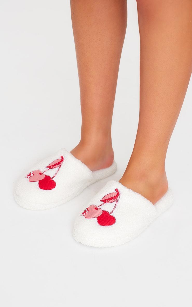 Cream Cherry Applique Borg Slippers Product Image