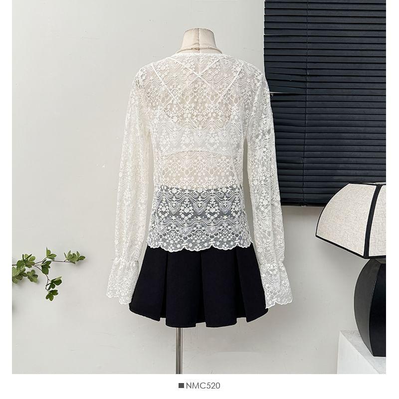 Bell-Sleeve V-Neck Sheer Lace Blouse Product Image