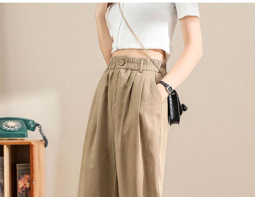 Elastic High Waist Plain Button-Fly Crop Tapered Pants Product Image