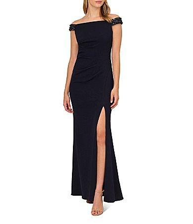 Adrianna Papell Off-the-Shoulder Beaded Knit Crepe Gown Product Image