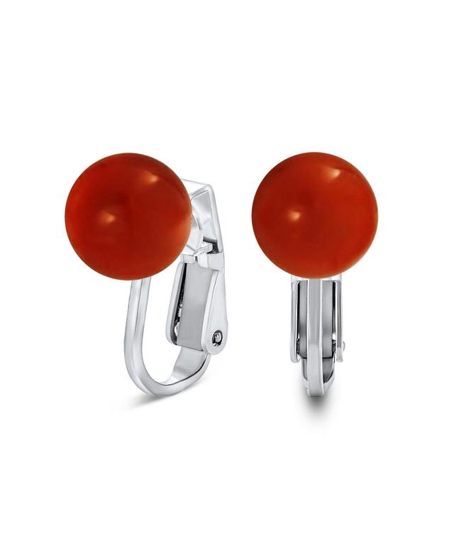 Bling Jewelry Simple Red Orange Dyed Coral Round Ball Bead Clip On Stud Earrings For Women .925 Sterling Silver 8MM Product Image