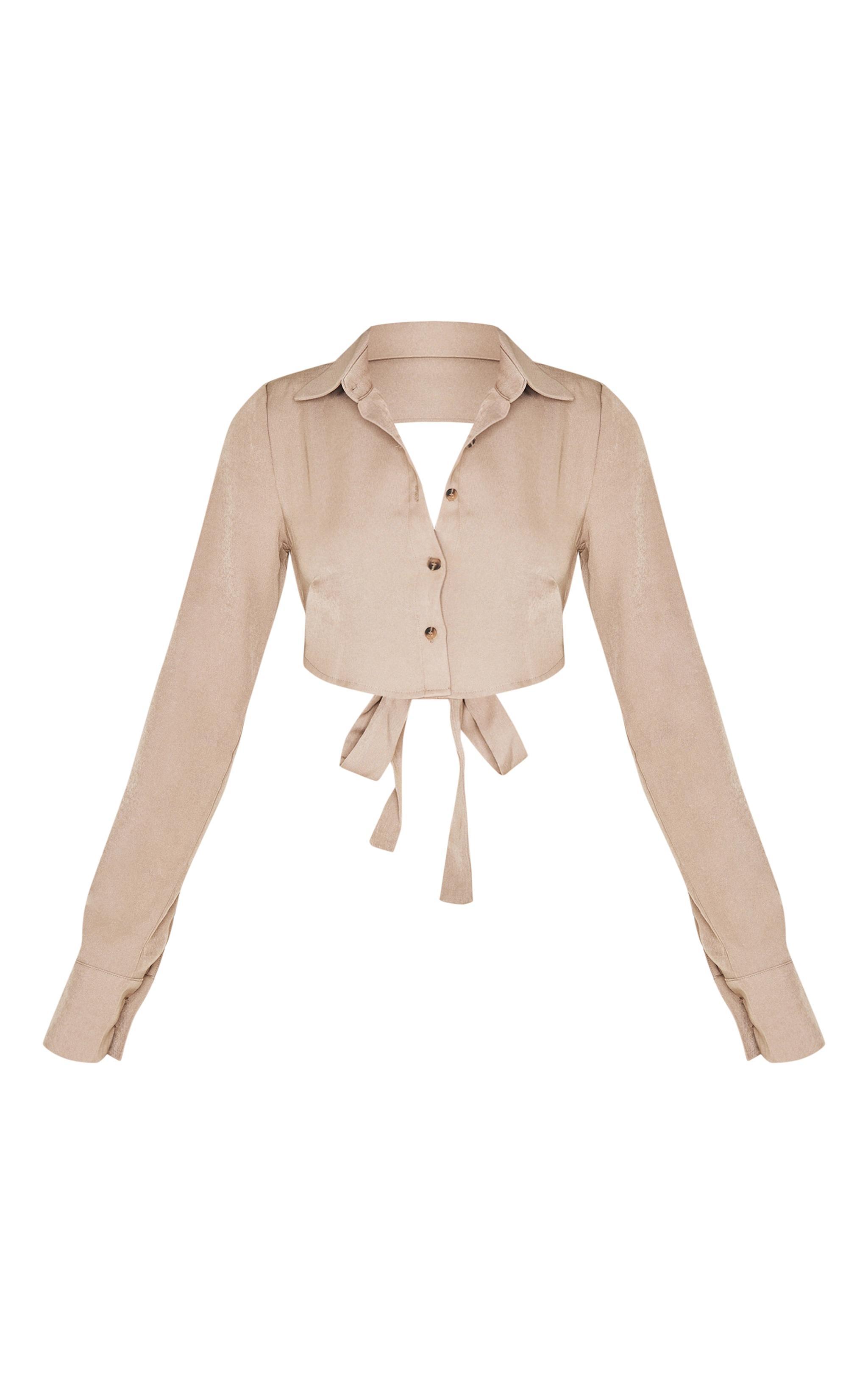 Mocha Premium Woven Tie Backless Cropped Shirt Product Image