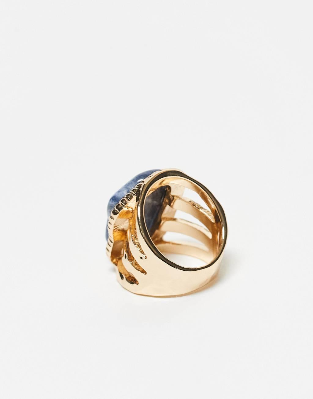 ASOS DESIGN ring with real semi precious lapis stone with molten design in gold tone Product Image