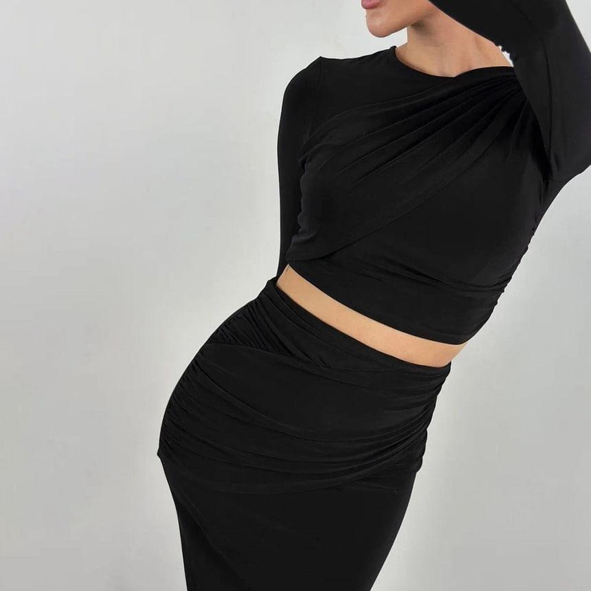 Set: Long-Sleeve Crew Neck Plain Asymmetrical Crop Slim Fit T-Shirt + High Waist Midi Pencil Skirt Product Image