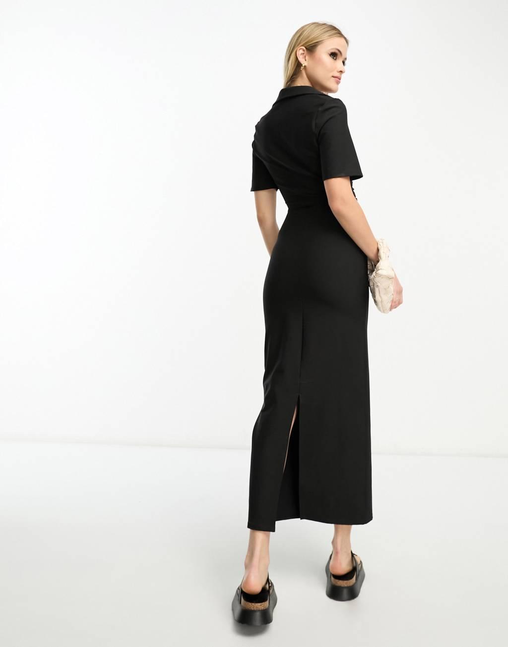 ASOS DESIGN Tall collar twist front midi dress with cut out in black Product Image