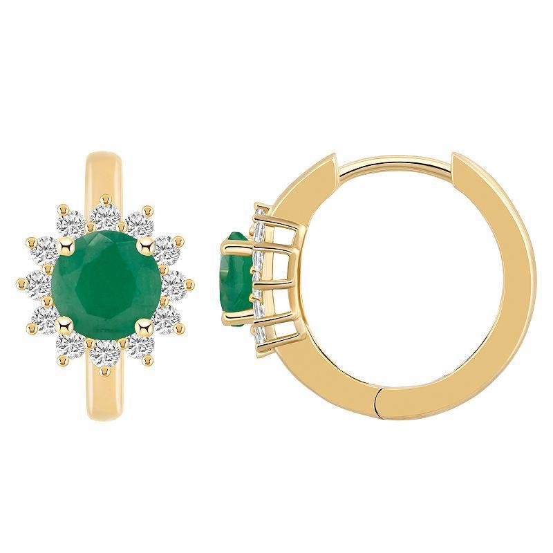 Celebration Gems 14k Gold Round Gemstone & 1/3 Carat T.W. Diamond Halo Huggie Hoop Earrings, Womens, Green Product Image