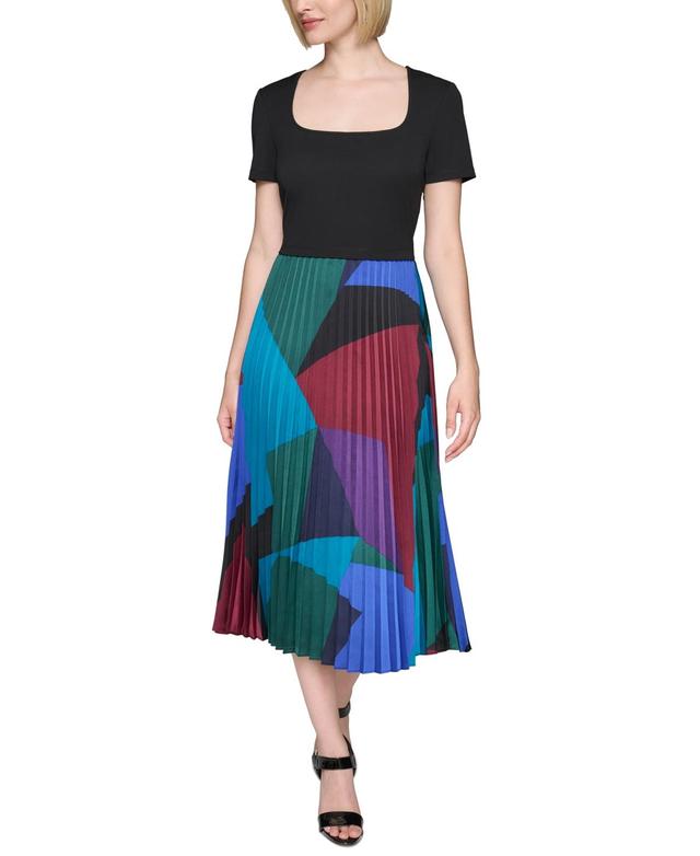 Karl Lagerfeld Paris Womens Mixed-Media Printed Pleated Dress Product Image