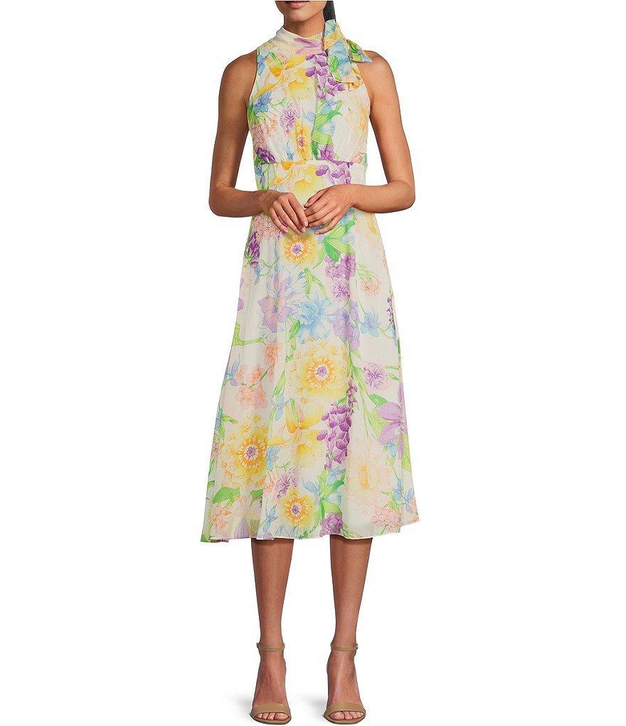 Julia Jordan Chiffon Lurex Floral Print Tie Mock Neck Sleeveless A-Line Midi Dress Product Image