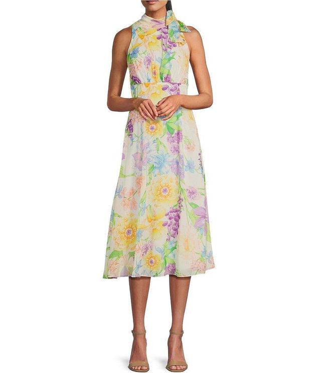 Julia Jordan Chiffon Lurex Floral Print Tie Mock Neck Sleeveless A-Line Midi Dress Product Image