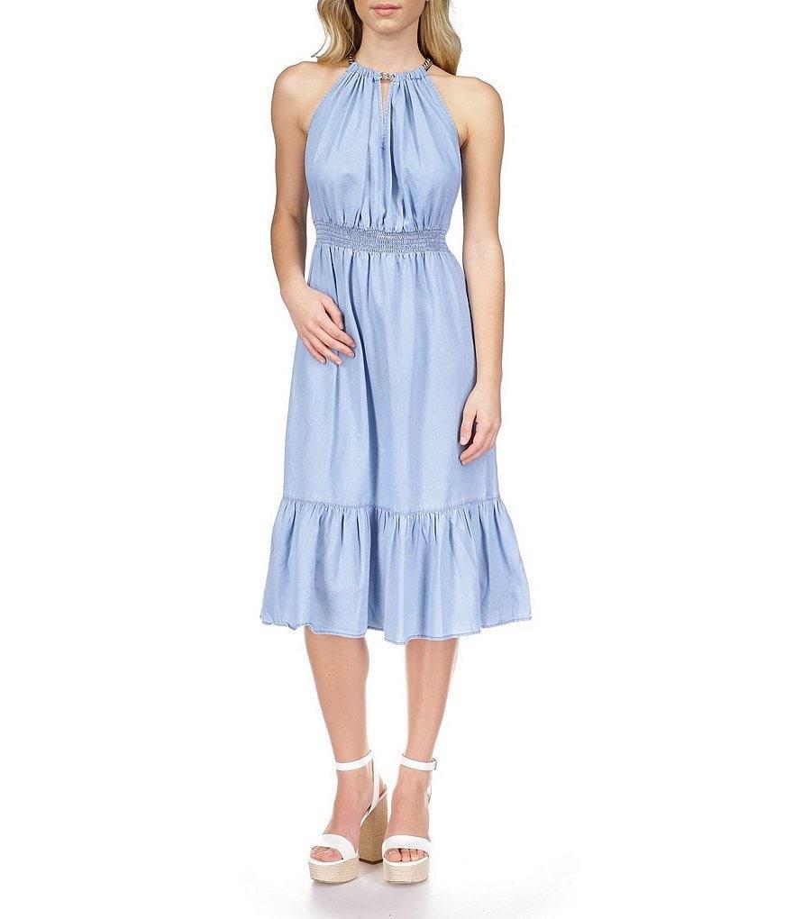 Michael Kors Chain Halter Neck Smocked Waist Sleeveless Midi Dress Product Image