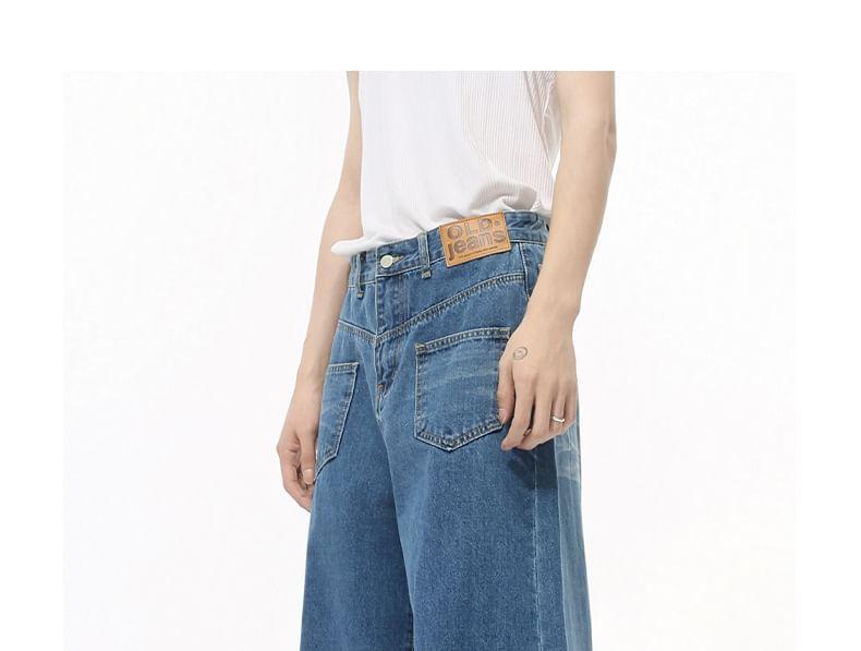 Mid Rise Lettering Applique Washed Wide Leg Jeans Product Image