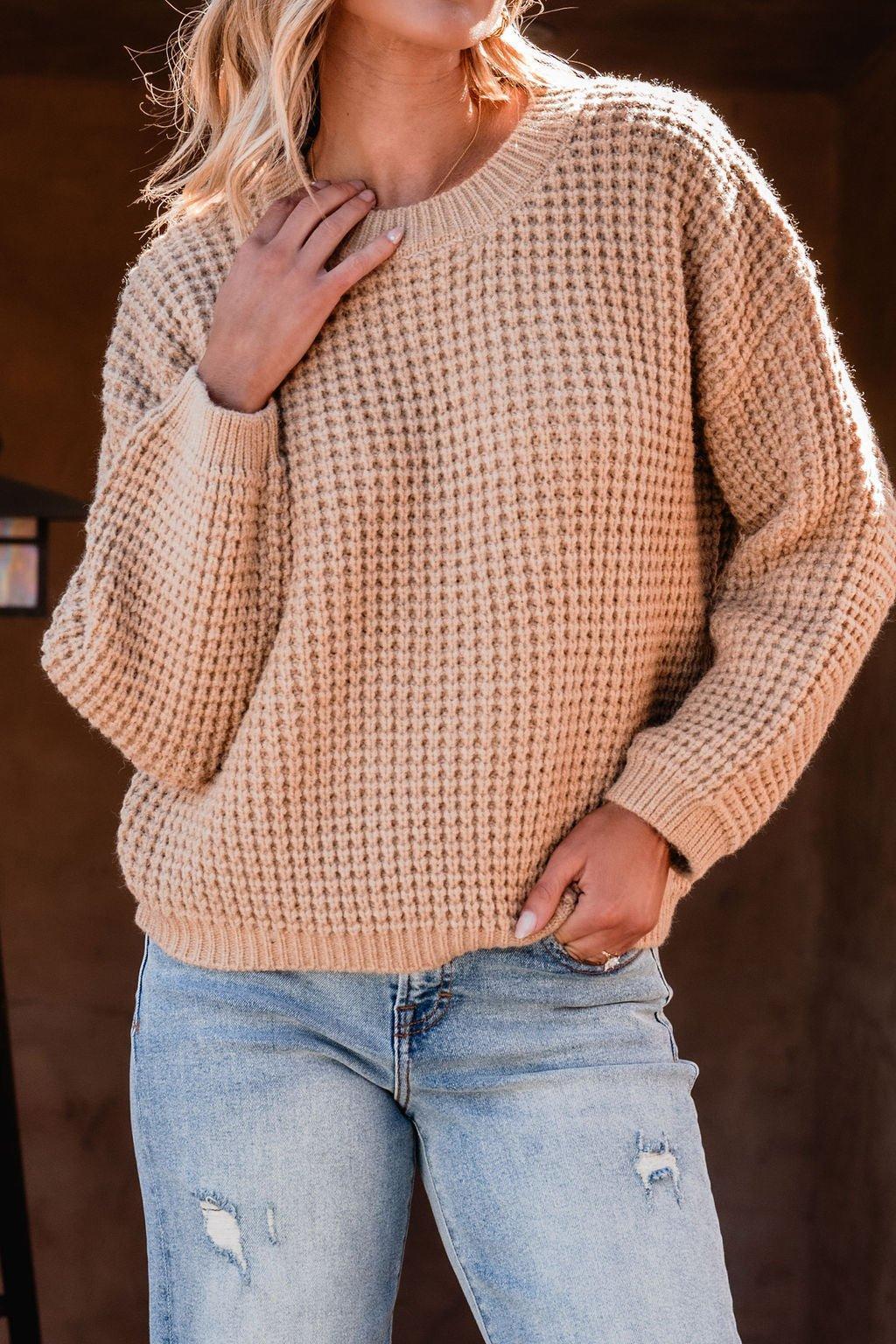 Camel Ribbed Waffle Knit Sweater-FINAL SALE Product Image