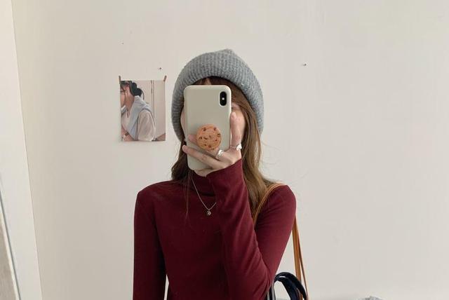 Long-Sleeve Turtleneck Plain Knit Top Product Image