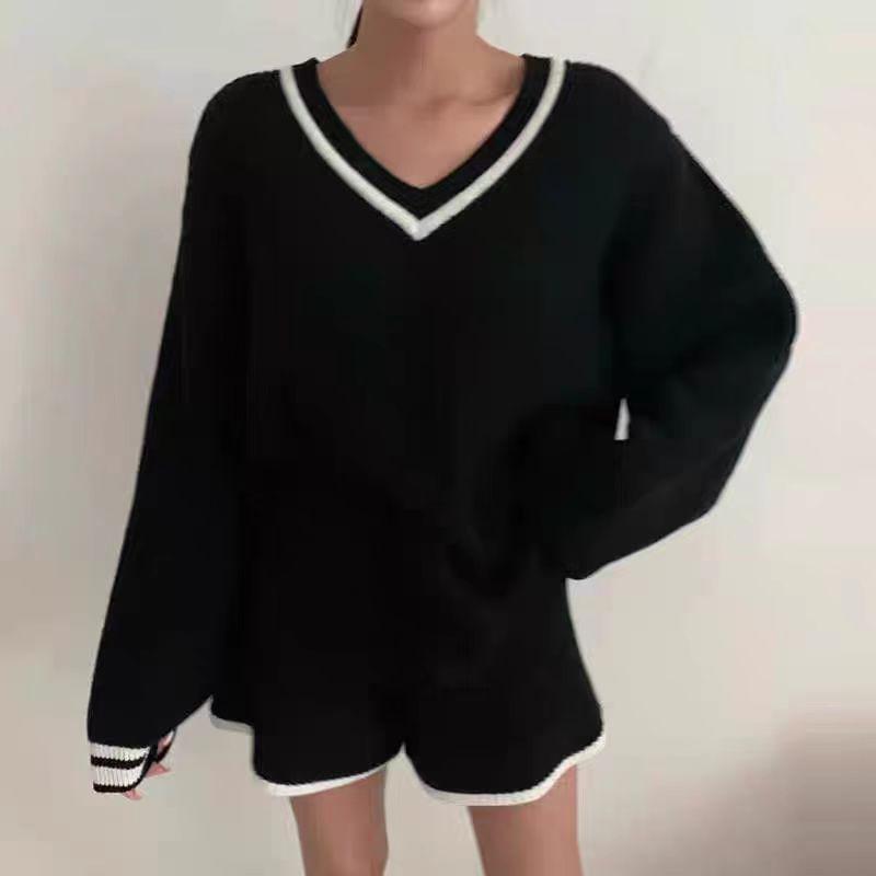 Set: Long-Sleeve V-Neck Contrast Trim Sweater + High Waist Shorts Product Image