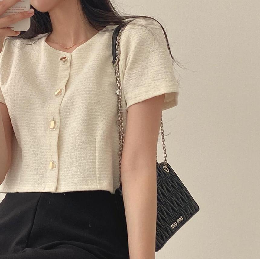 Short-Sleeve Round Neck Plain Blouse Product Image