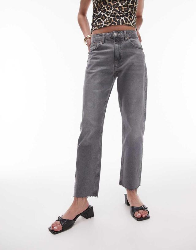 Topshop cropped mid rise straight jeans with raw hems in gray  Product Image