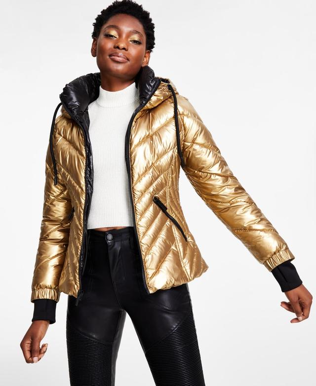 Guess Womens Metallic Quilted Hooded Puffer Coat, Created for Macys Product Image