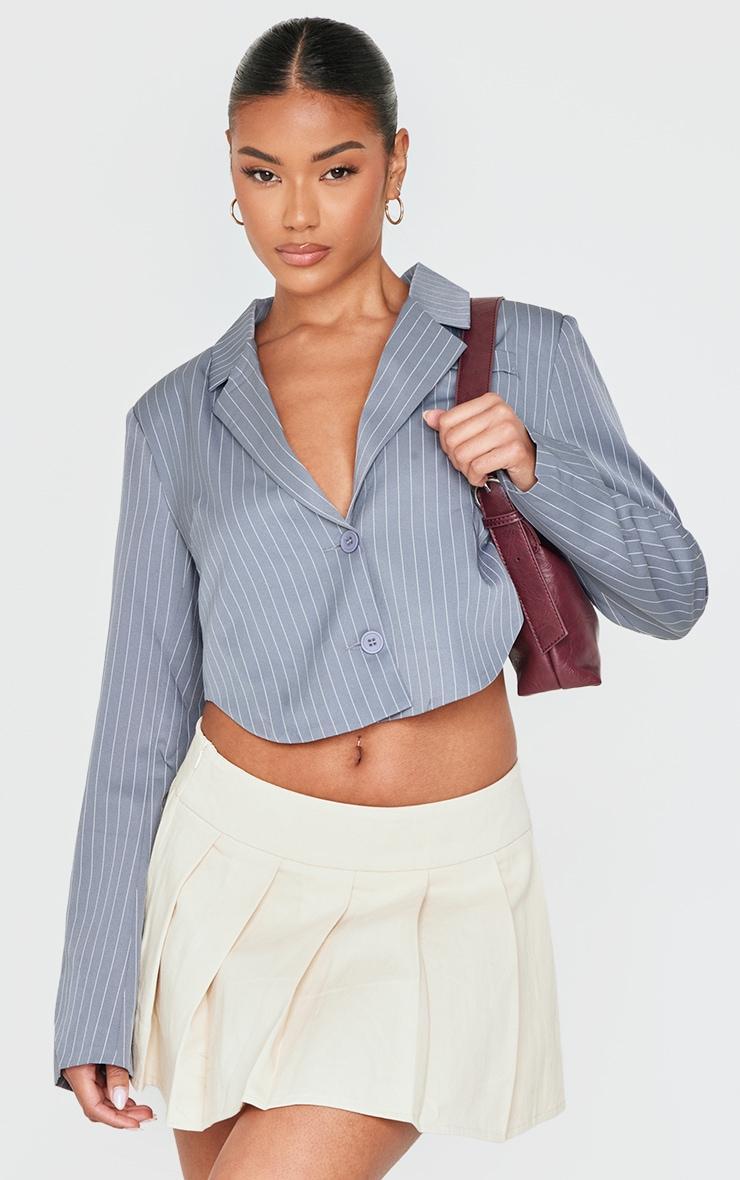 Grey Pinstripe Curved Hem Cropped Blazer Product Image