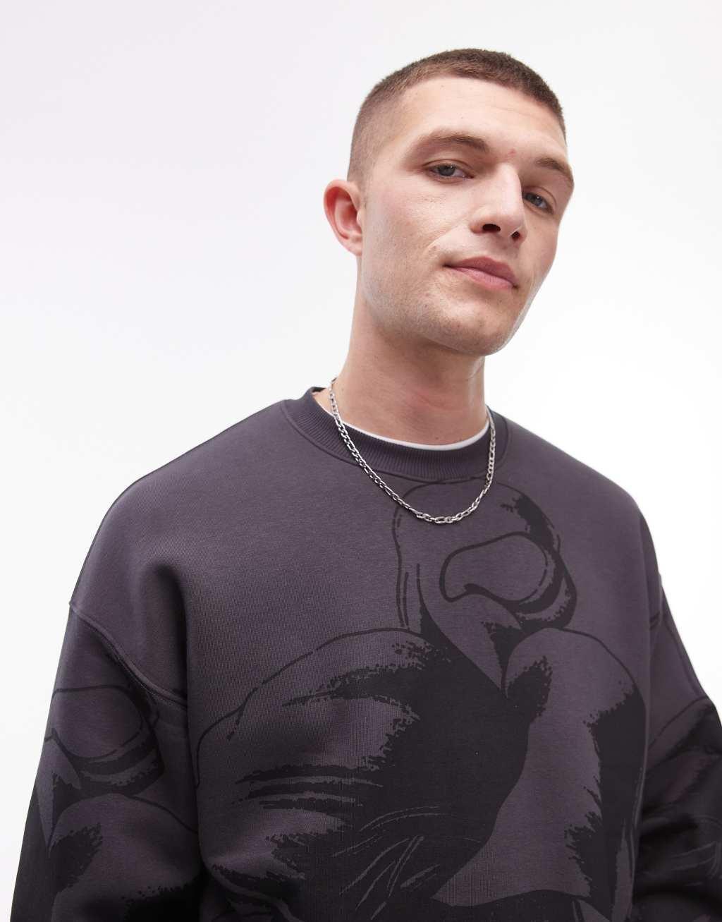 Topman oversized fit sweatshirt with all over floral print in charcoal Product Image