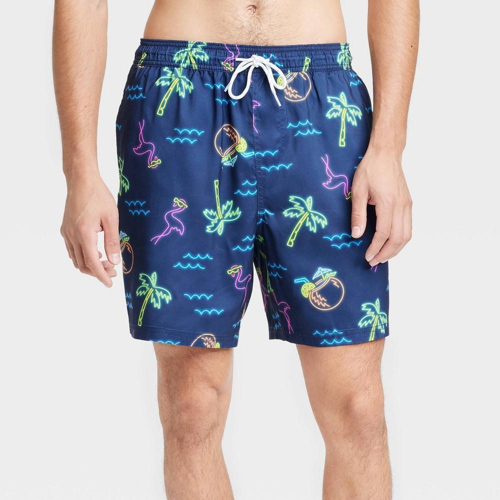 Mens Big & Tall 7 E-Waist Waterloo Flamingo Swim Shorts - Goodfellow & Co Blue/Neon 2XL Product Image