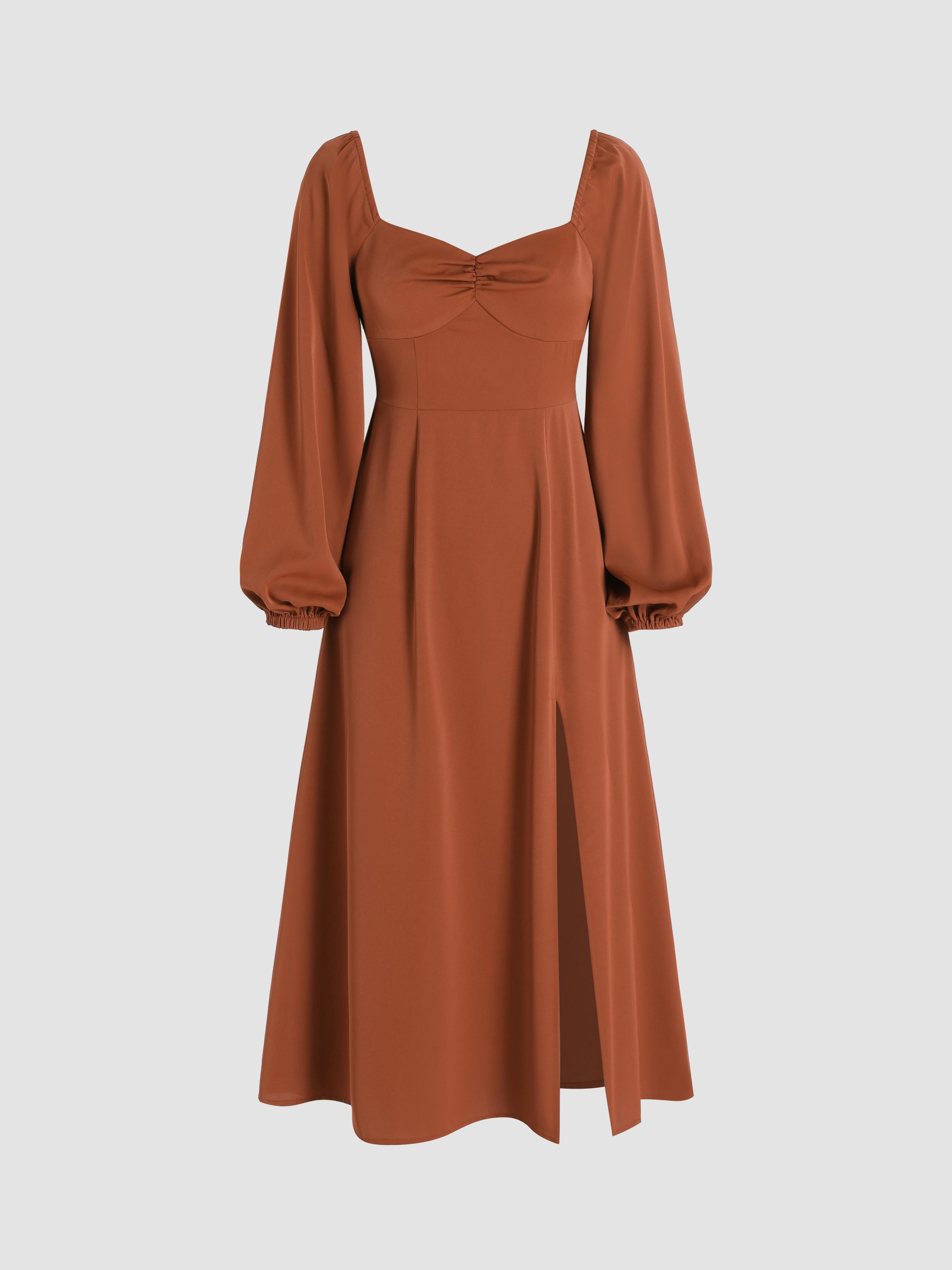 Solid Ruched Long Sleeve Split Midi Dress Product Image