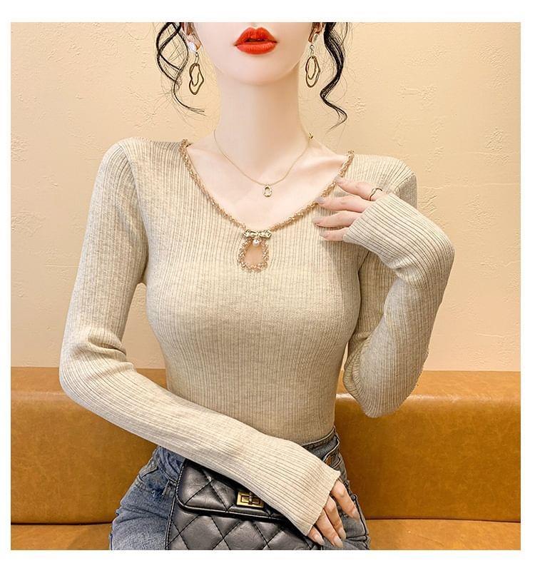 Long Sleeve V-Neck Beaded Keyhole Ribbed Knit Top Product Image