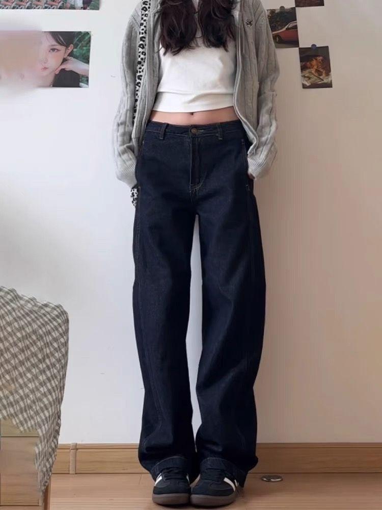 Low Rise Washed Straight-Fit Wide-Leg Jeans Product Image