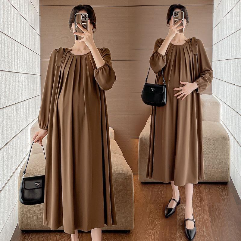 Maternity Long-Sleeve Crew Neck Plain Bow Accent Pleated Midi Tunic Dress Product Image