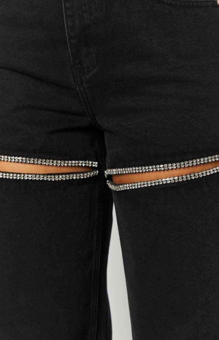 Gem Diamante Trim Wide Leg Black Denim Jeans Product Image